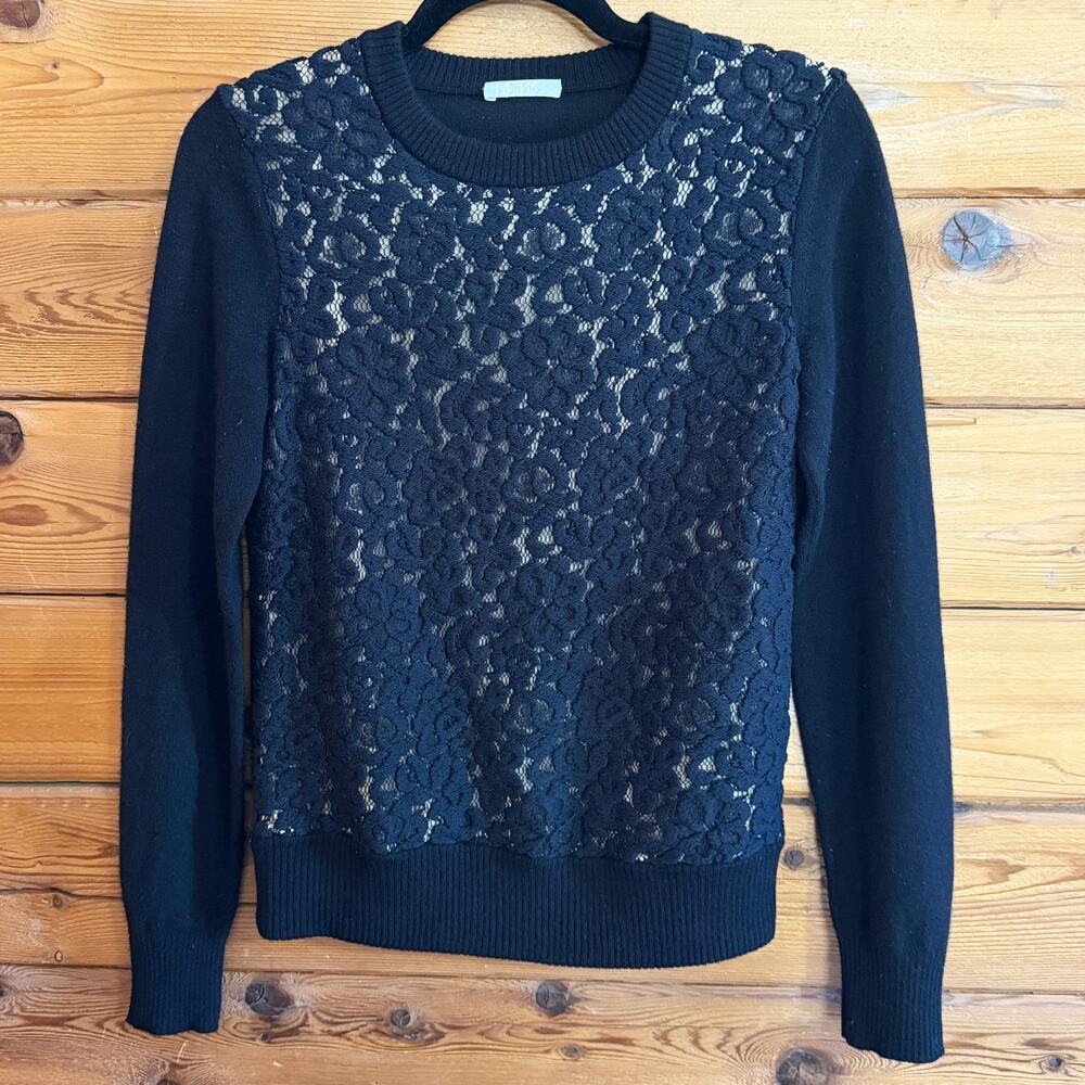 Chloe Black Lace Front Long Sleeve Sweater Size Small